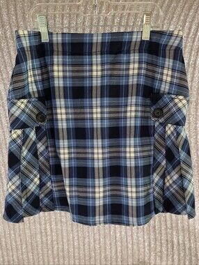 Lands' End Blue and White Plaid Mini Skirt with Button Tabs